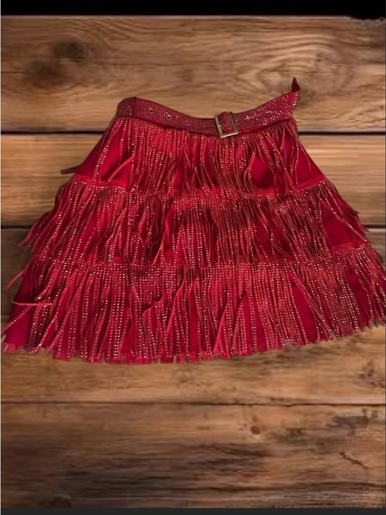 southern fried chics Dresses & Skirts - Beaded Fringe Red Mini Skirt with Decorative Belt
